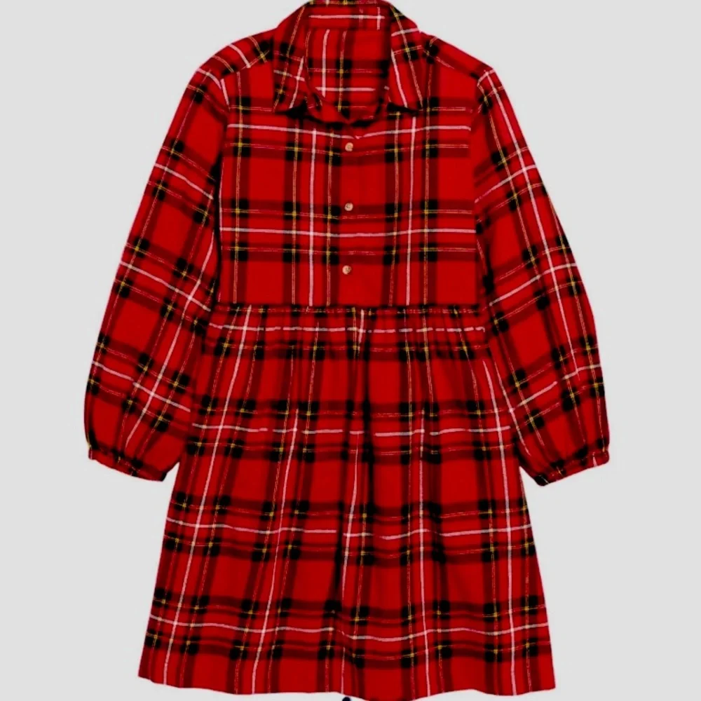 Sweet long sleeve cotton plaid Holiday dress button down collar match the family